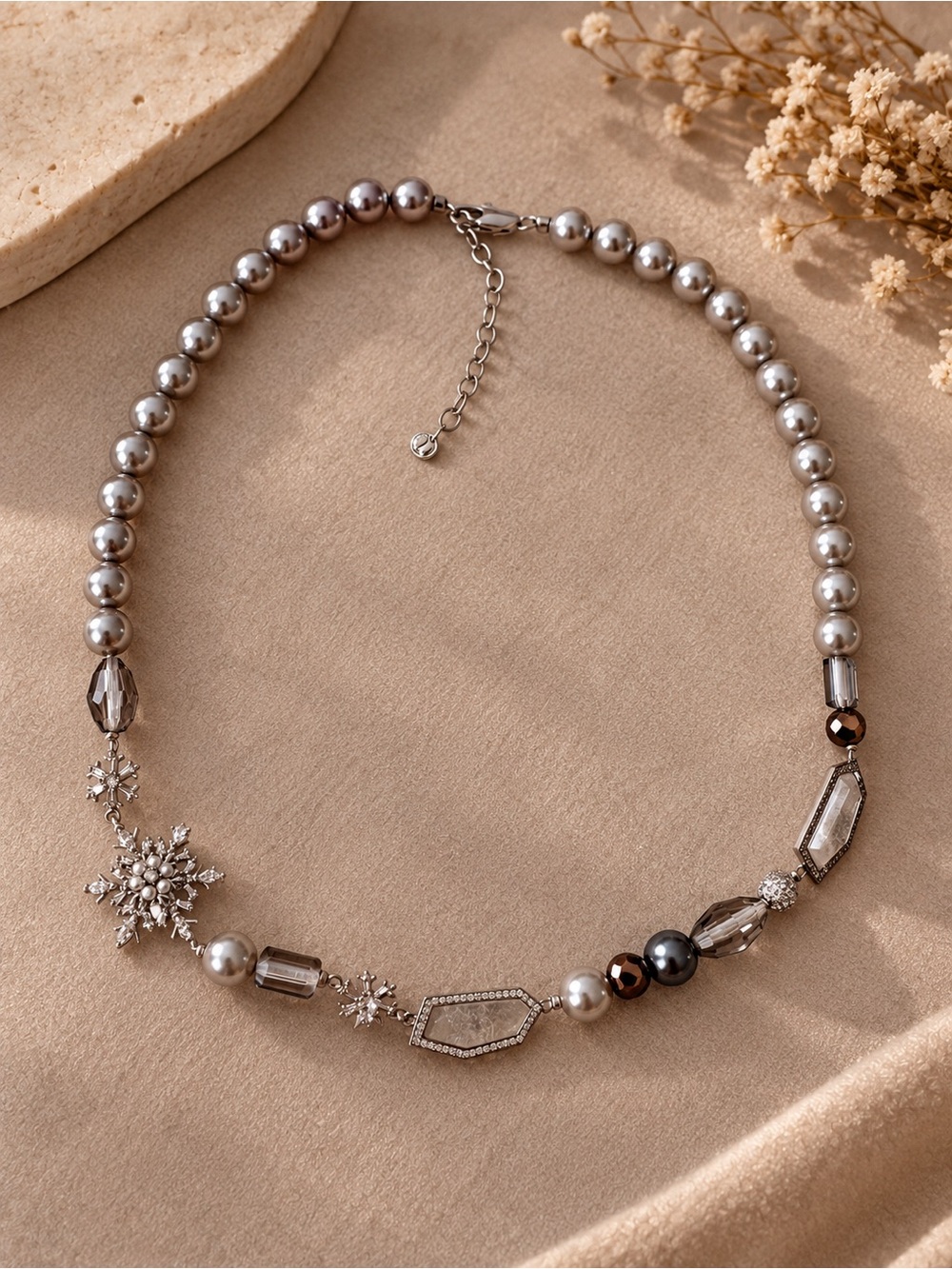 Snowflake grey faux pearl necklace